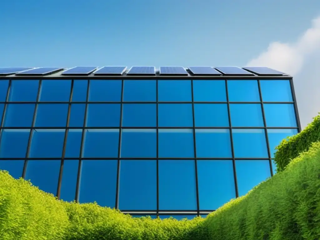 Edificio sostenible y sofisticado en medio de la naturaleza Un edificio de oficinas moderno y lujoso con paneles solares en el techo, rodeado de naturaleza, reflejando sostenibilidad y sofisticación