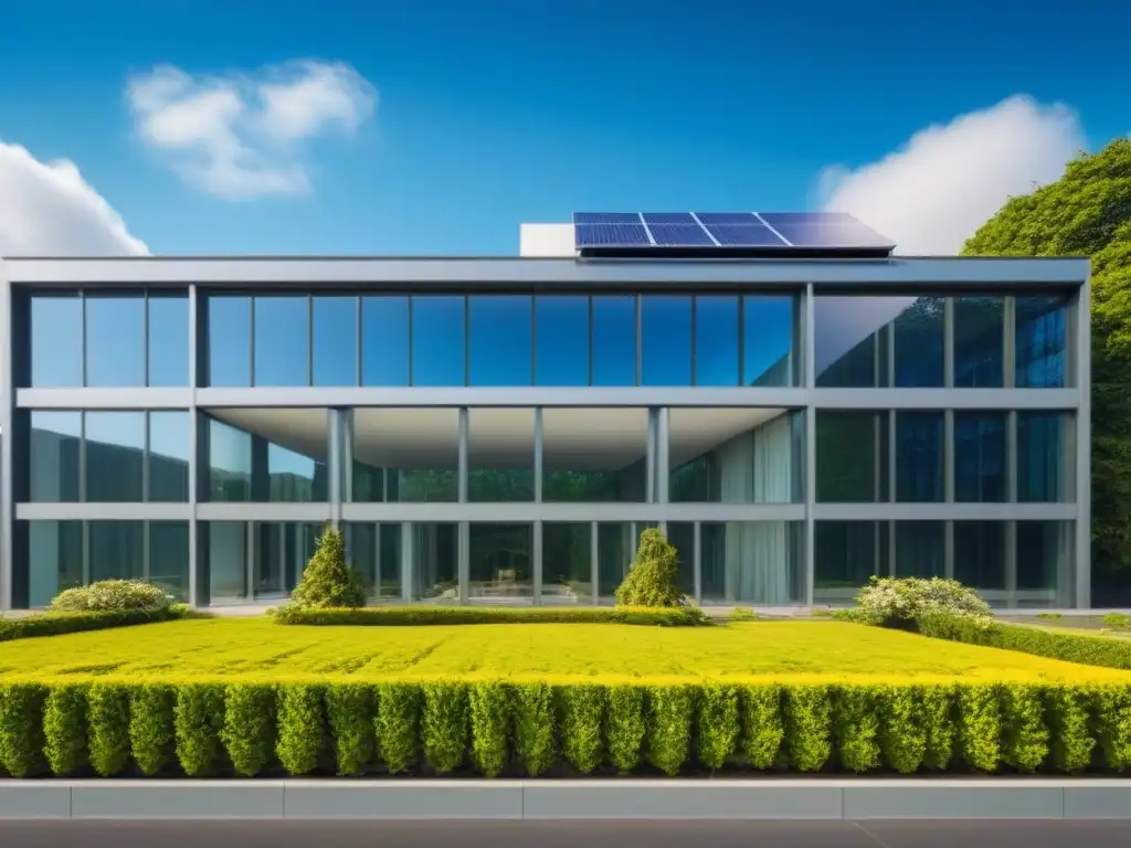 Edificio moderno sostenible: lujo y responsabilidad ambiental Un edificio de oficinas moderno y lujoso con paneles solares y paisajismo verde, simbolizando prácticas responsables en inmobiliaria