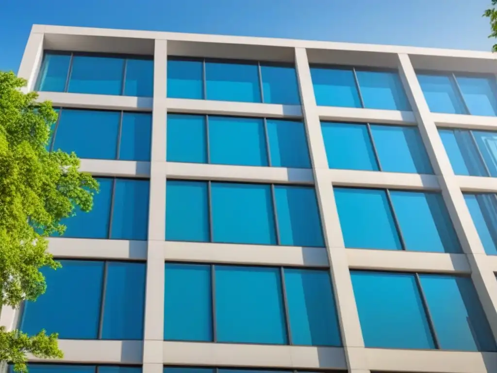 Edificio de oficinas moderno y lujoso con diseño contemporáneo Un edificio de oficinas moderno y lujoso reflejando el cielo azul, rodeado de árboles verdes y una ciudad bulliciosa al fondo
