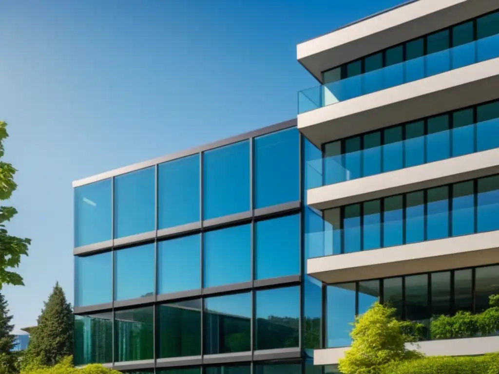 Edificio de oficinas moderno y lujoso: innovación y éxito en bienes raíces Un edificio de oficinas moderno y lujoso con paredes de vidrio, rodeado de árboles y un jardín impecable