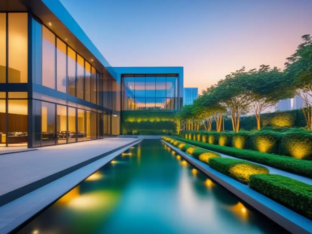 Edificio de oficinas moderno y lujoso en la ciudad al atardecer Un edificio de oficinas moderno y lujoso con ventanas de piso a techo reflejando un paisaje urbano vibrante al anochecer, rodeado de vegetación exuberante y una tranquila fuente de agua, encarnando el éxito y la prosperidad en inversiones inmobiliarias