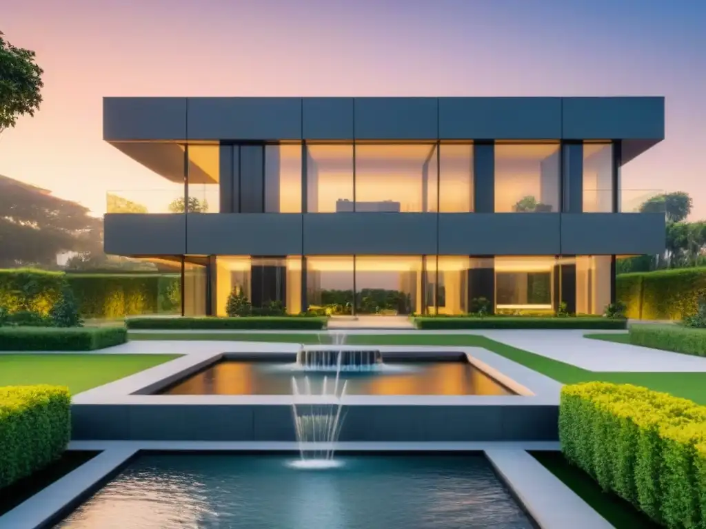 Edificio de oficinas moderno y lujoso al atardecer Un edificio de oficinas moderno y lujoso al atardecer, con paredes de cristal reflejando los cálidos tonos del cielo, rodeado de exuberante vegetación y una fuente en primer plano
