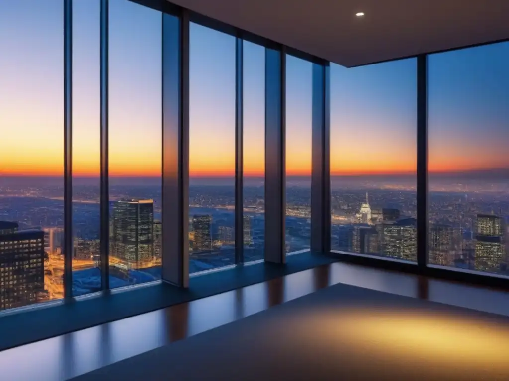 Edificio de oficinas moderno y lujoso con vista a la ciudad al atardecer, ideal para Fondos de Inversión Inmobiliaria