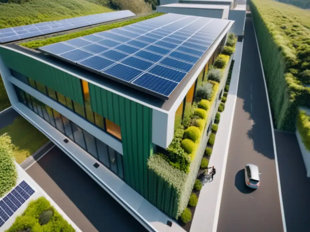 Edificio sostenible: innovación y ecoamigable Un edificio de oficinas moderno rodeado de vegetación, paneles solares y una ciclovía