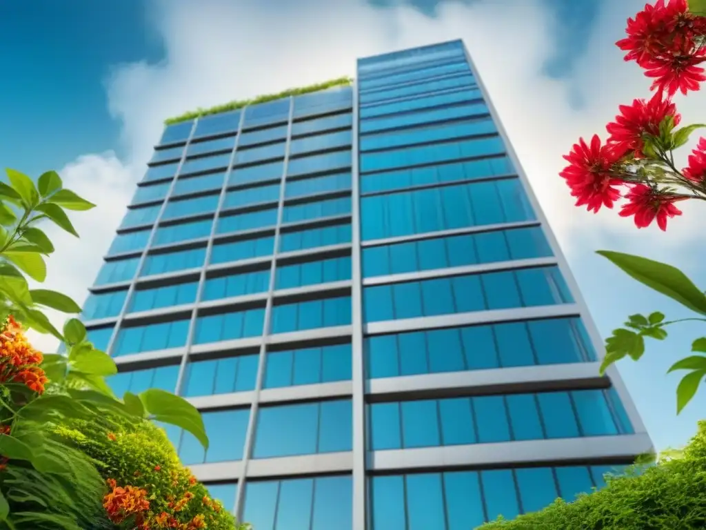 Edificio de oficinas moderno y seguro rodeado de naturaleza exuberante Edificio de oficinas moderno rodeado de vegetación exuberante, simbolizando garantías en inversión bienes raíces