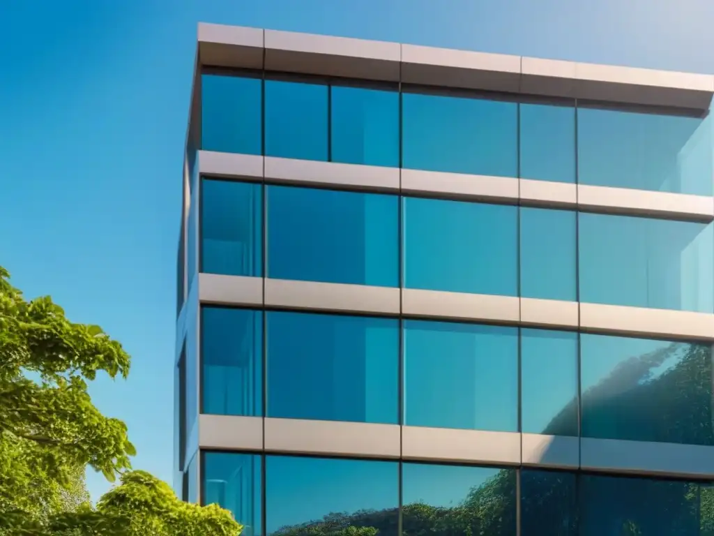 Edificio de oficinas moderno con fachada de vidrio y entorno natural Edificio de oficinas moderno rodeado de vegetación, bajo cielo azul