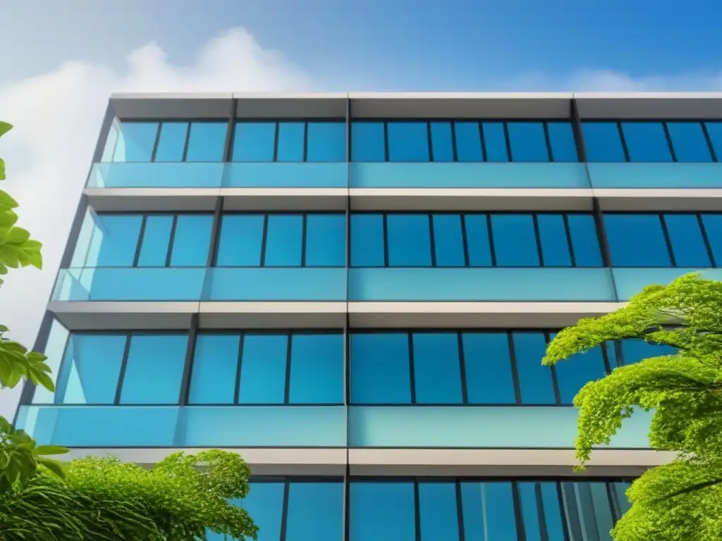 Inversión inmobiliaria exitosa: edificio moderno con vidrio y naturaleza Edificio de oficinas moderno rodeado de vegetación, reflejando un cielo azul