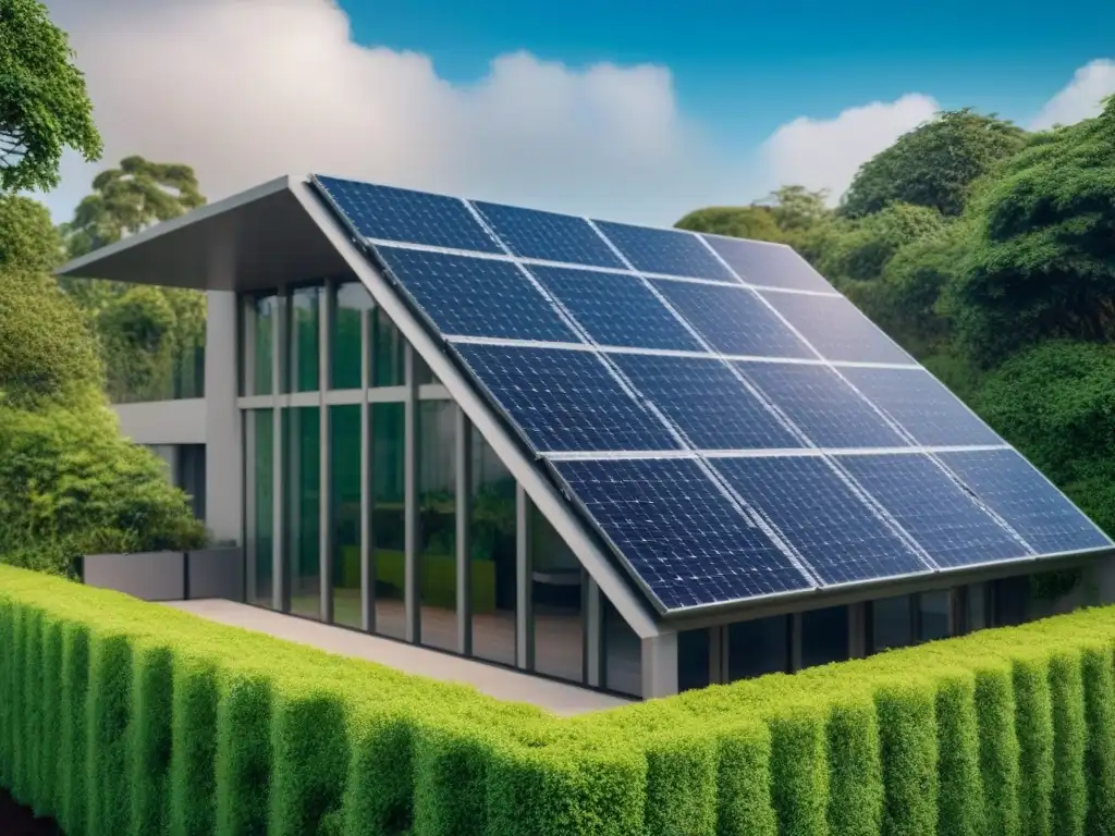 Edificio sostenible: diseño innovador en arquitectura ecoamigable Un edificio de oficinas moderno y sostenible rodeado de vegetación, con paneles solares en el techo y grandes ventanales