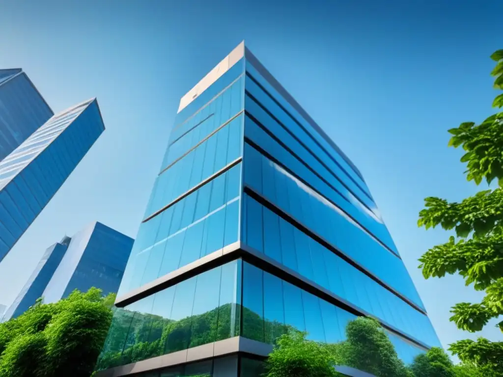 Edificio de oficinas transparente: modernidad y confianza en inversiones inmobiliarias Un edificio de oficinas moderno y transparente refleja el cielo azul, rodeado de vegetación exuberante