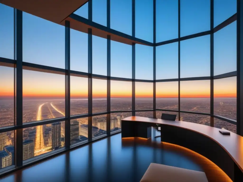 Edificio de oficinas moderno: inversión estable y potencial de crecimiento Edificio de oficinas moderno con ventanales que reflejan la ciudad al atardecer, simbolizando la estabilidad y potencial de los Fondos de Inversión Inmobiliaria