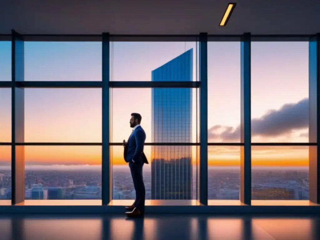 Edificio de oficinas moderno con vistas a la ciudad al atardecer Edificio de oficinas moderno con ventanales de piso a techo reflejando el vibrante paisaje urbano al atardecer en el distrito comercial, simbolizando éxito y sofisticación en el sector inmobiliario comercial