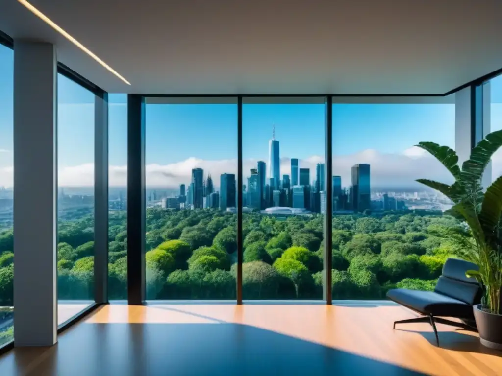 Edificio de oficinas moderno rodeado de naturaleza y ciudad Edificio de oficinas moderno con vidrios de piso a techo, rodeado de vegetación exuberante y una ciudad bulliciosa al fondo