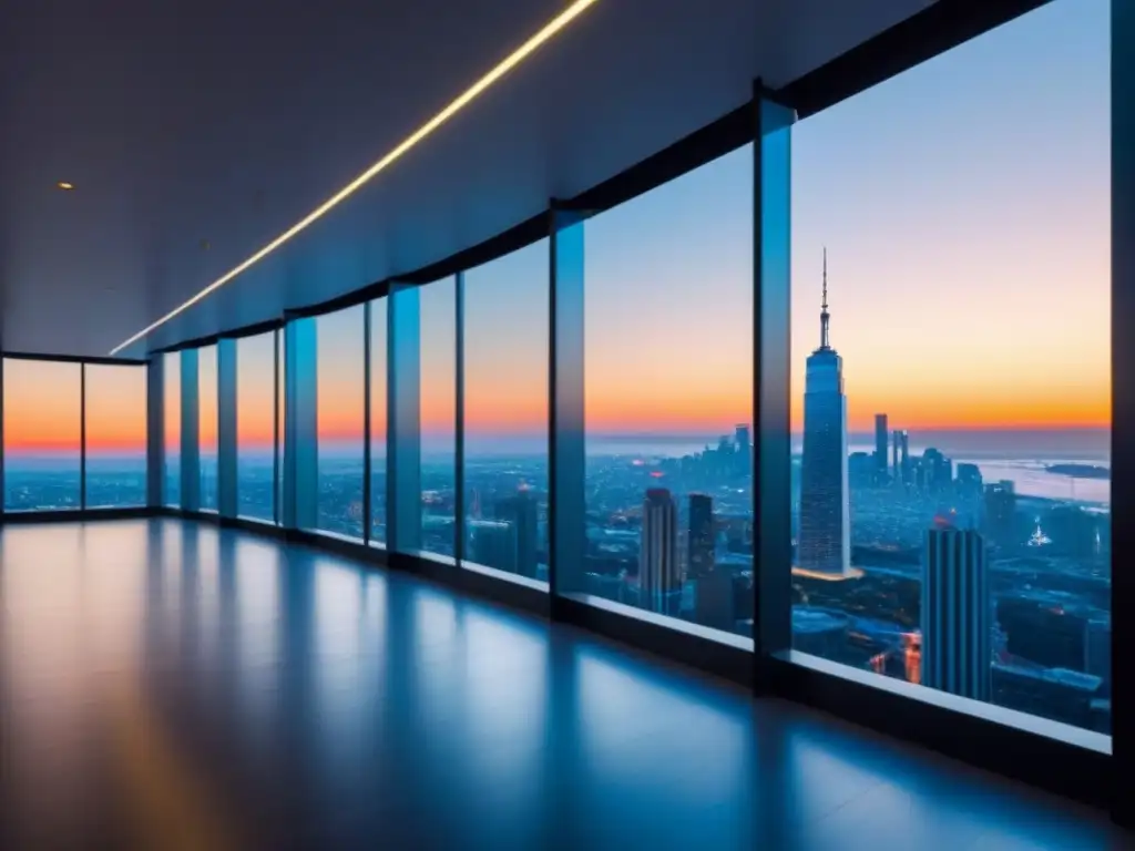 Edificio de oficinas moderno con vistas a la ciudad al atardecer Edificio de oficinas moderno con vistas a la ciudad al atardecer