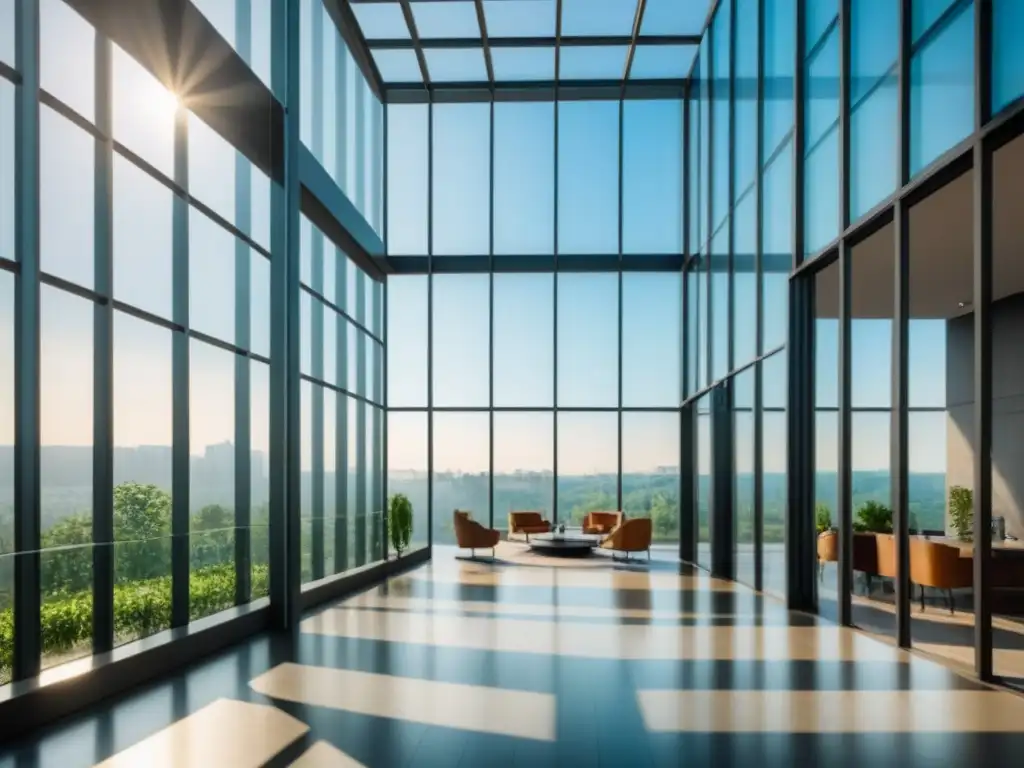 Edificio de vidrio transparente: diseño moderno y natural Un edificio de oficinas de vidrio transparente con luz solar filtrándose, reflejando patrones en el suelo pulido, rodeado de vegetación exuberante
