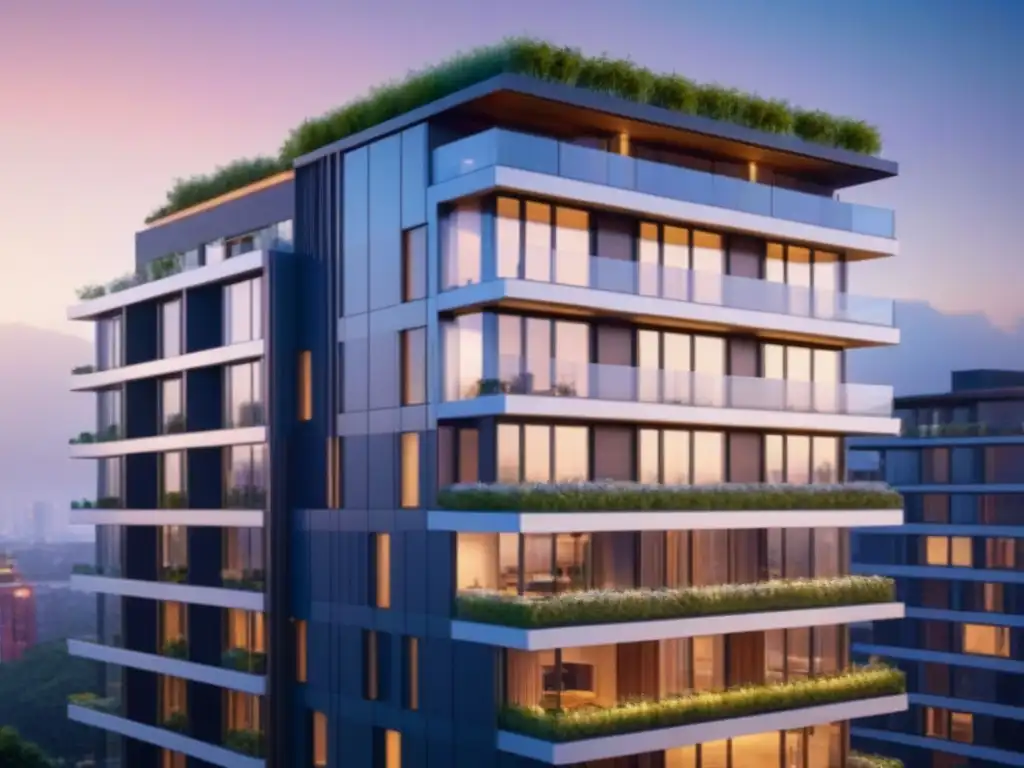 Edificio residencial de lujo en ciudad emergente con diseño sostenible Edificio residencial de alta gama en mercado emergente con diseño sostenible y lujo urbano al atardecer
