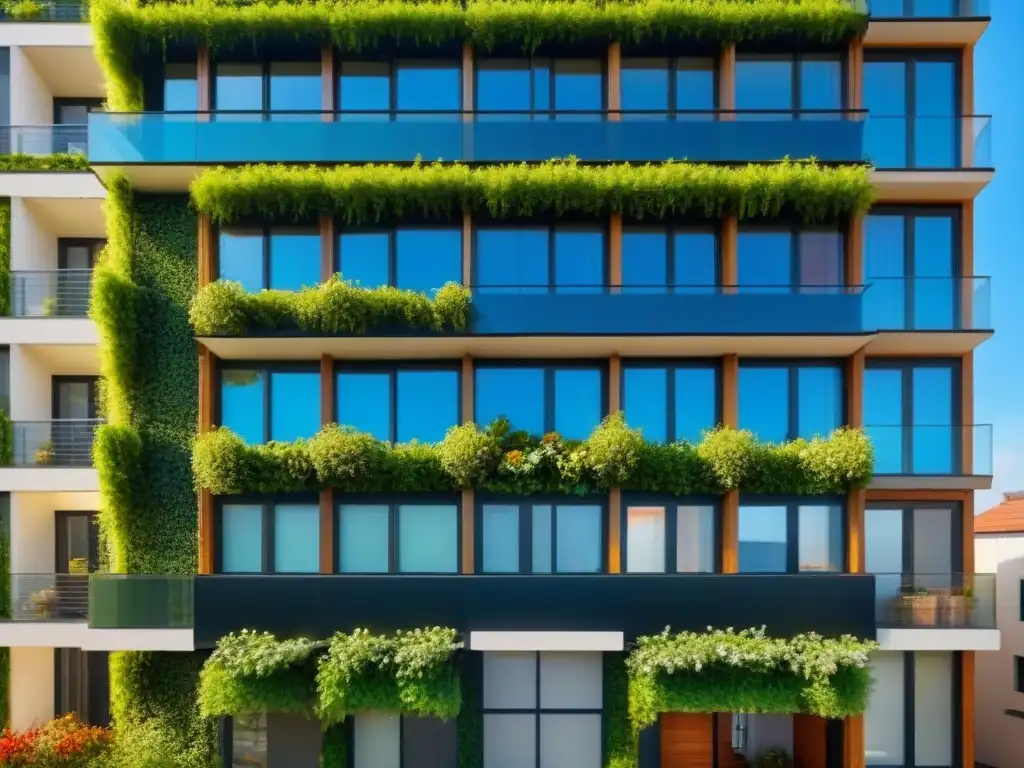 Edificio residencial ecoamigable con paneles solares y jardín vertical Edificio residencial ecológico con certificaciones verdes en mercado inmobiliario