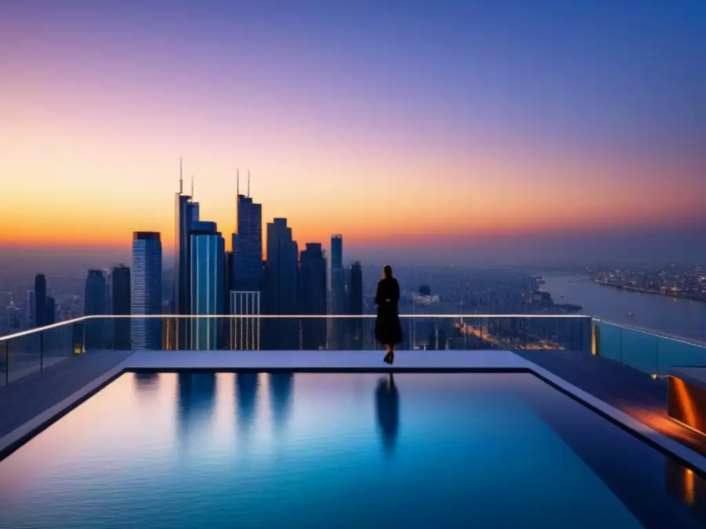 Residencial de lujo con piscina infinita en el atardecer citadino Edificio residencial de lujo con diseño moderno, ventanas de piso a techo y piscina infinita en la azotea con vista a la ciudad al atardecer