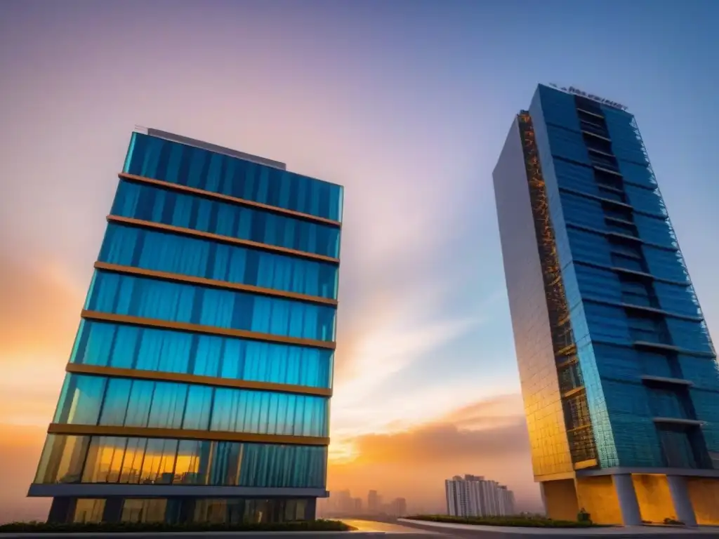 Edificio residencial de lujo en atardecer mexicano Un edificio residencial de lujo contra un vibrante atardecer mexicano, reflejando sofisticación arquitectónica