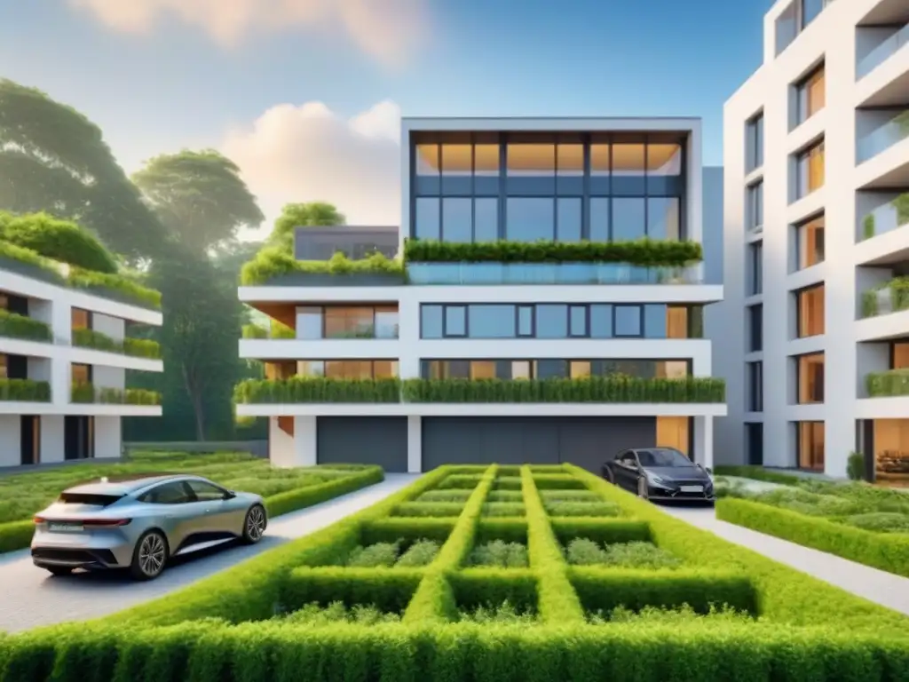 Edificio residencial eco-sostenible con jardines verdes y paneles solares Edificio residencial moderno con jardines en la azotea, paneles solares y diseño sostenible en desarrollos inmobiliarios