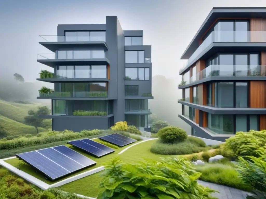 Edificio residencial sostenible con diseño innovador y ecoamigable Edificio residencial moderno con características ecoamigables y diseño sostenible, rodeado de vegetación exuberante