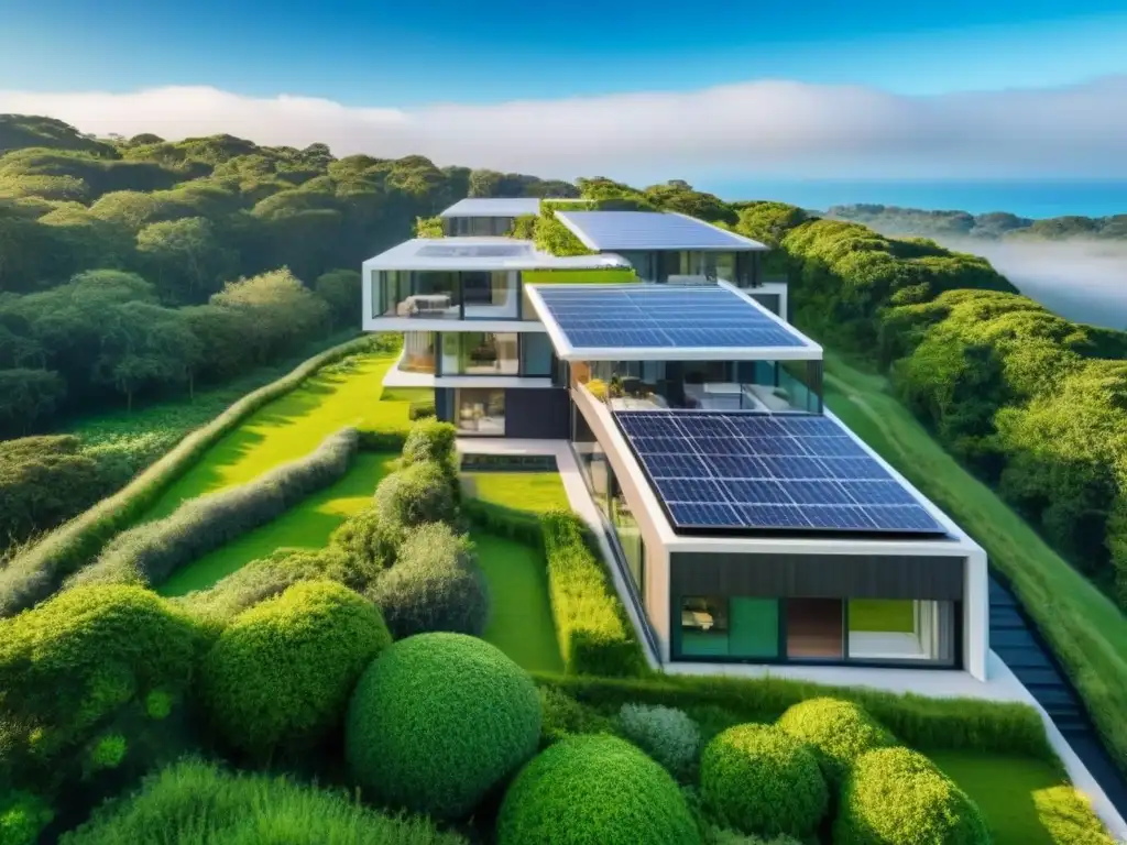 Edificio ecológico moderno rodeado de naturaleza Un edificio residencial moderno y ecológico con certificaciones ecológicas en el mercado inmobiliario, rodeado de naturaleza y cielo azul claro