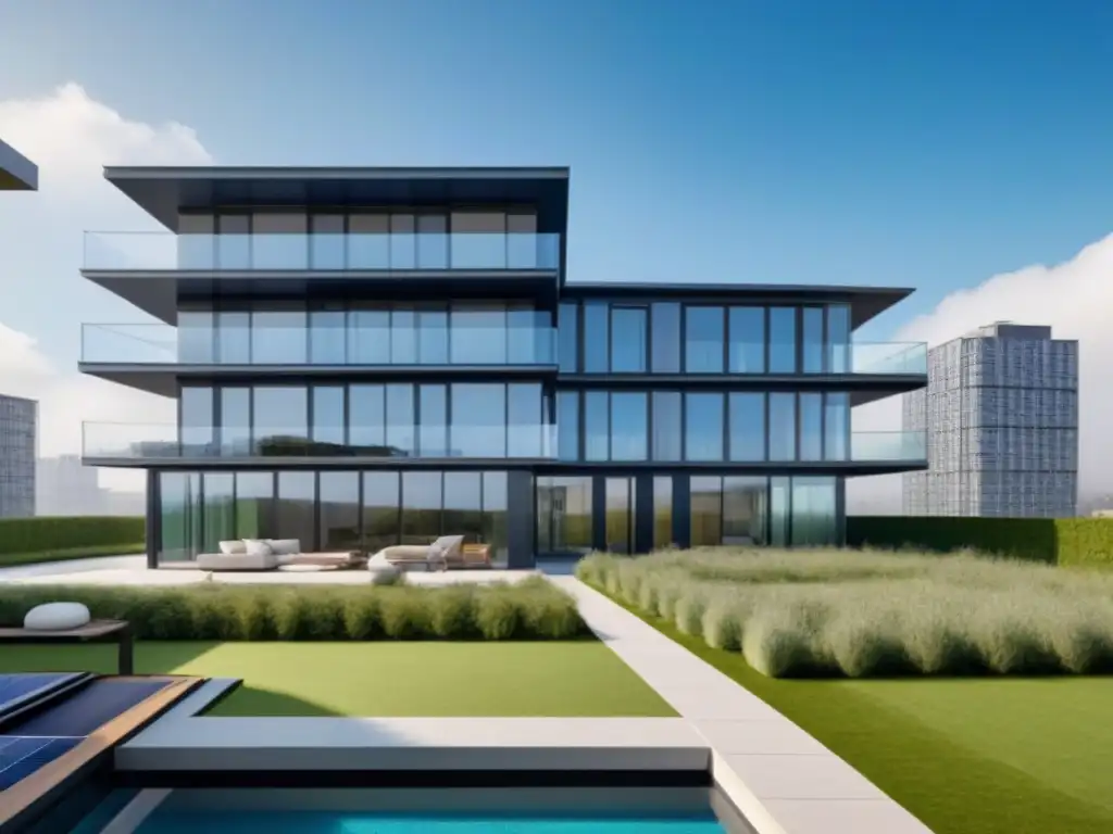 Edificio residencial moderno con paneles solares integrados y áreas verdes Edificio residencial moderno con paneles solares en la azotea y áreas verdes, ideal para evaluación rentabilidad proyecto inmobiliario