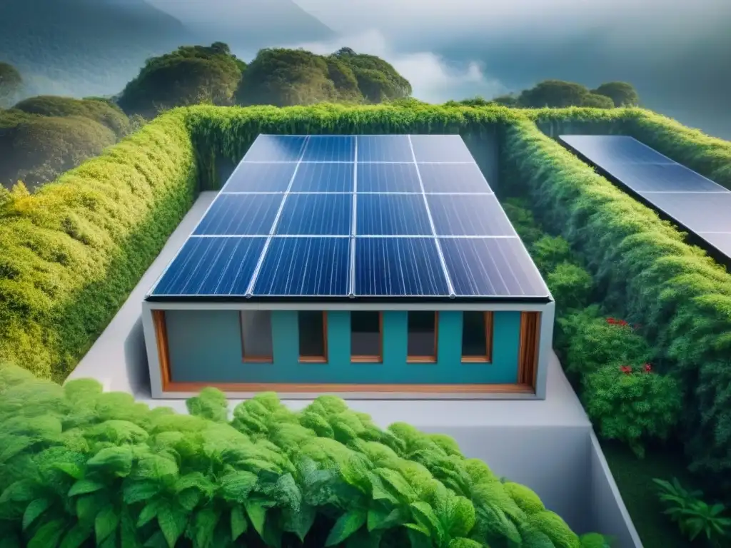 Edificio ecológico con paneles solares y paisaje verde Un edificio residencial moderno con paneles solares, rodeado de vegetación y sistemas de ahorro de agua