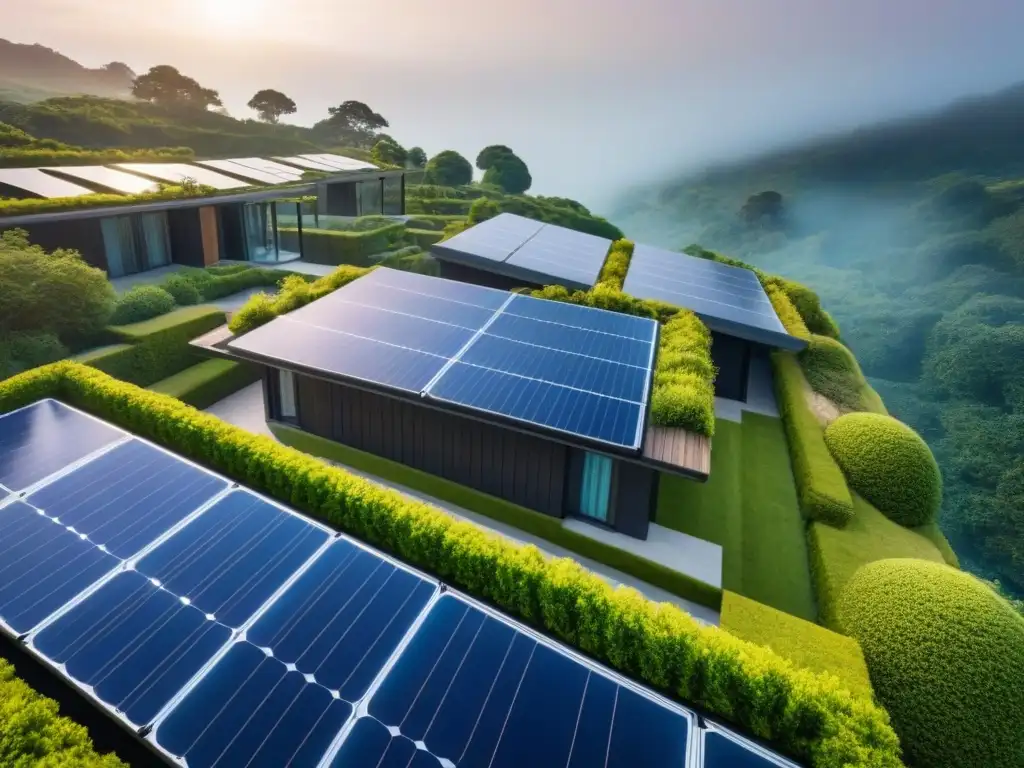 Edificio residencial moderno con paneles solares integrados Edificio residencial moderno con paneles solares integrados, rodeado de naturaleza, reflejando beneficios energía solar construcción verde