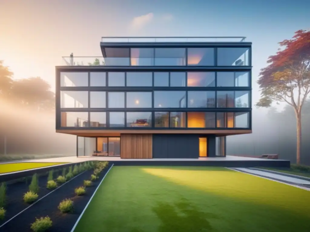 Edificio residencial ecoamigable con energía solar integrada Edificio residencial moderno con paneles solares integrados y diseño ecoamigable