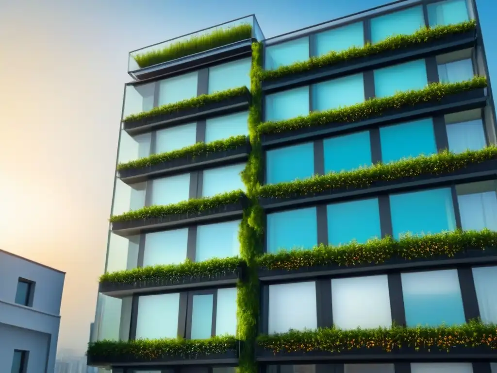 Arquitectura sostenible con paneles solares y jardín en azotea Edificio residencial moderno con paneles solares, muros verdes y jardín en la azotea