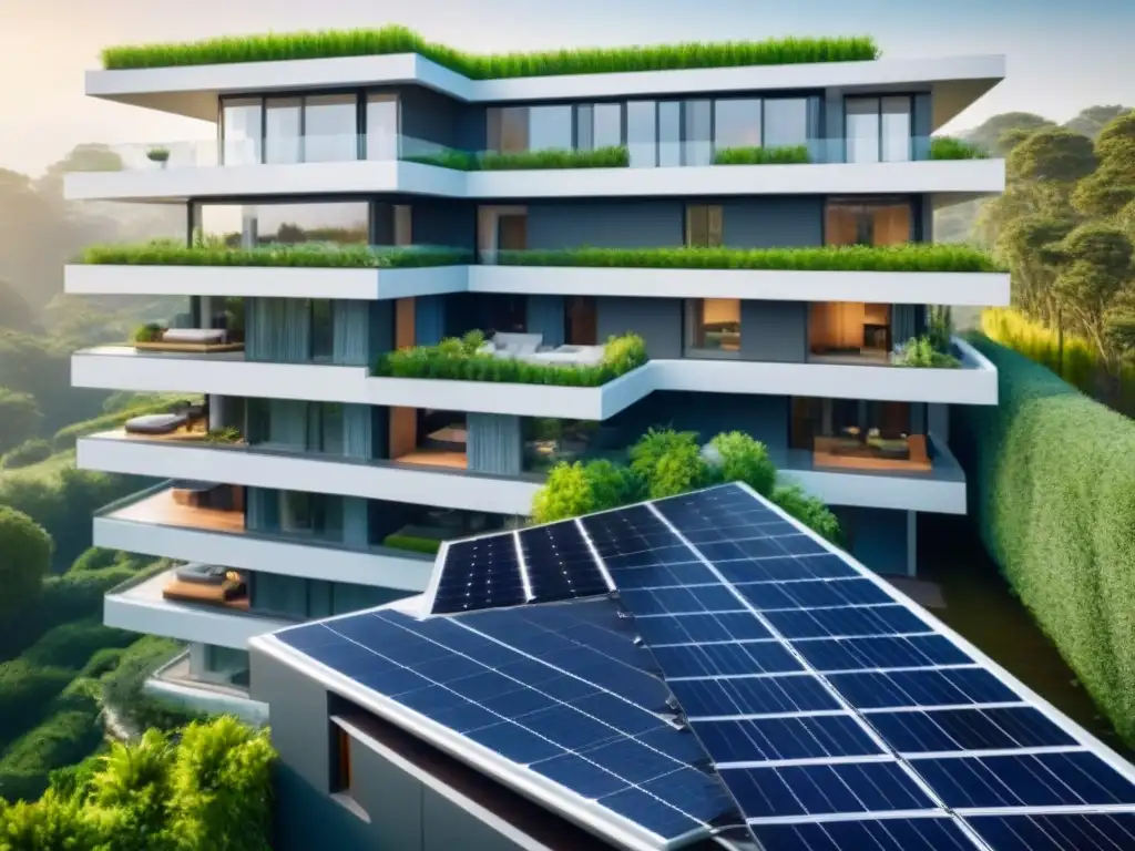 Edificio residencial moderno y sostenible en medio de la naturaleza Edificio residencial moderno rodeado de vegetación, con paneles solares en el techo y sistema de reciclaje de agua