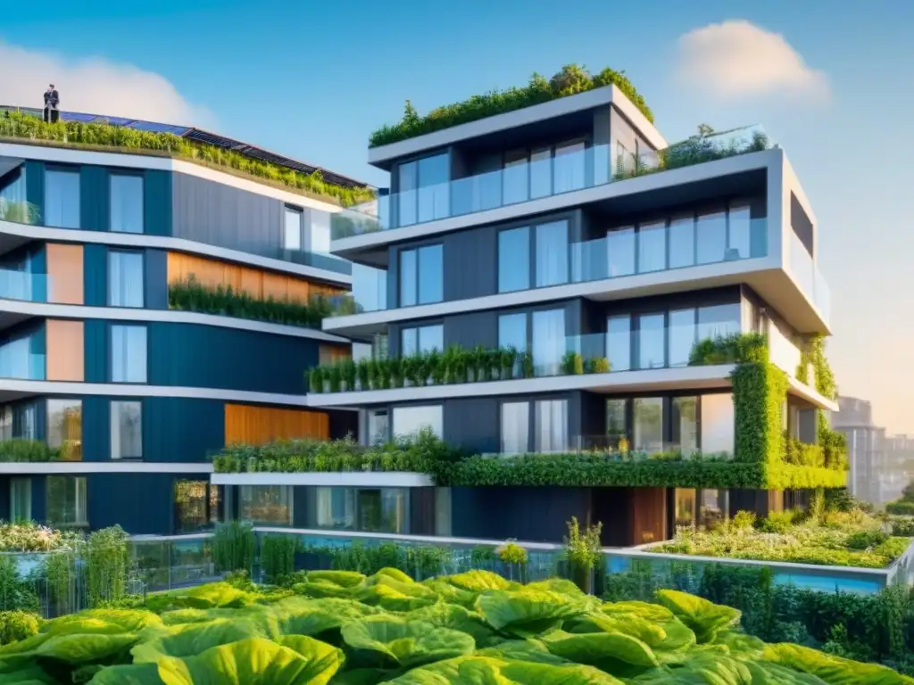 Edificio residencial moderno: arquitectura verde y sostenible Edificio residencial moderno rodeado de vegetación, paneles solares y jardín comunitario