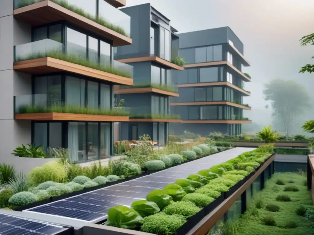 Edificio sostenible: arquitectura innovadora integrada con la naturaleza Un edificio residencial moderno y sostenible rodeado de vegetación exuberante, con diseño ecológico