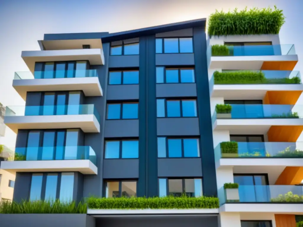 Edificio residencial eco-innovador con sistemas de reciclaje de agua Edificio residencial vanguardista con sistemas de reciclaje de agua integrados, simbolizando beneficios de la construcción sostenible
