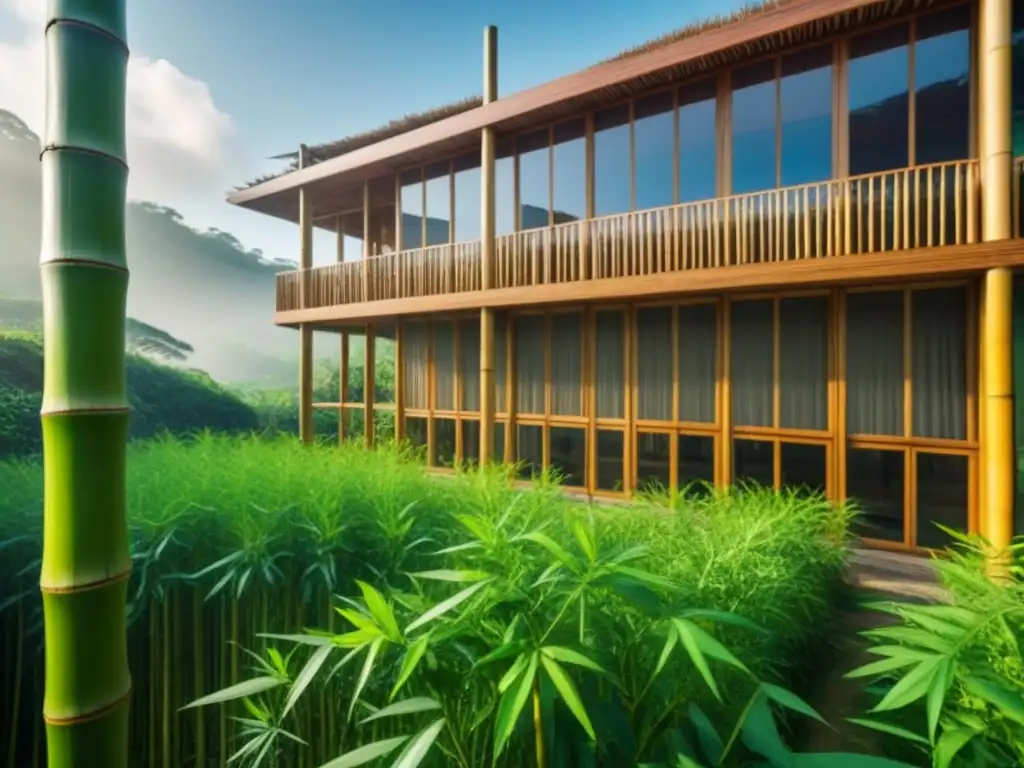 Edificio sostenible de bambú: innovación en armonía con la naturaleza Edificio sostenible de bambú y madera integrado en la naturaleza