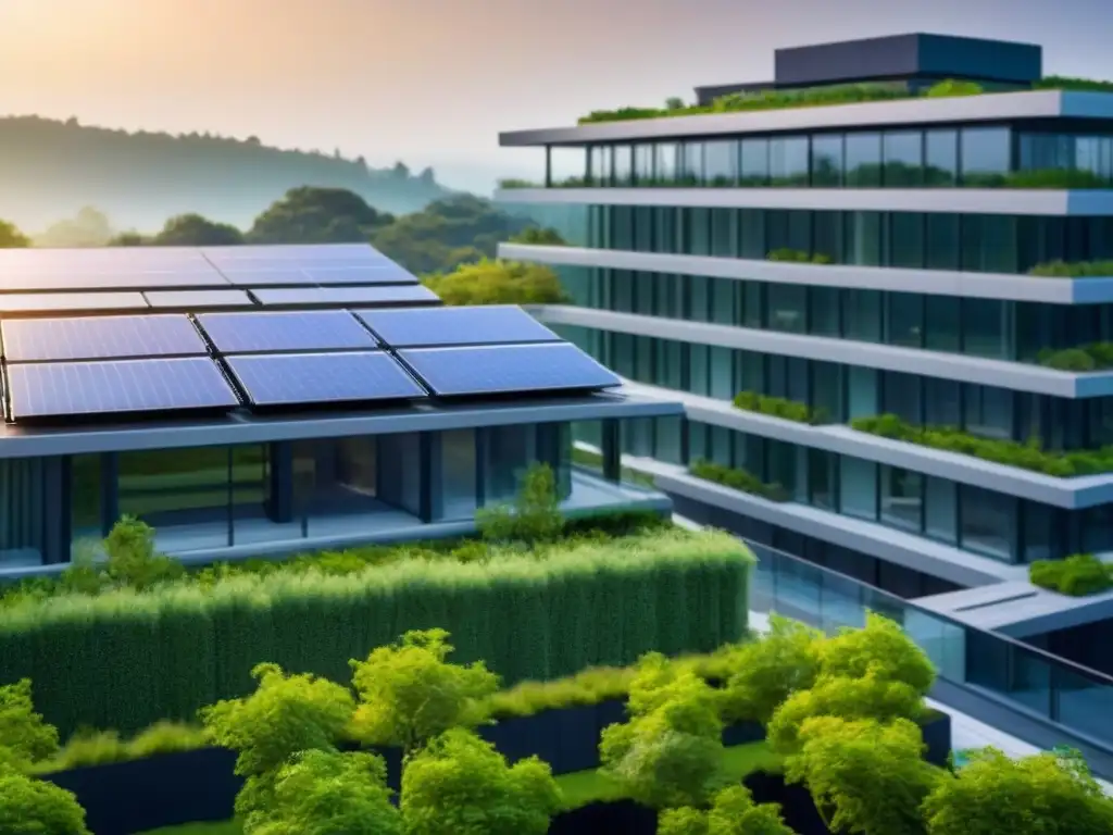 Edificio verde sostenible: diseño moderno en 8k Edificio sostenible con certificaciones verdes en el mercado inmobiliario, integrado con la naturaleza en la ciudad