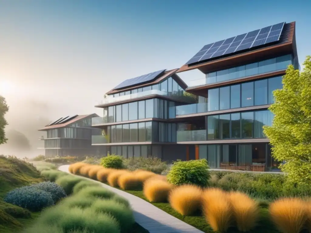 Edificio sostenible con certificaciones verdes en entorno natural Edificio sostenible con certificaciones verdes, rodeado de naturaleza, creando un ambiente saludable y positivo