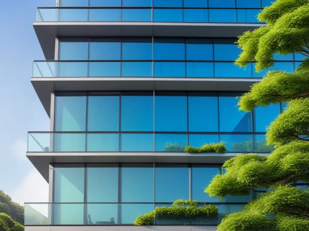 Edificio sostenible certificado LEED con diseño moderno, rodeado de naturaleza y paneles solares en el techo