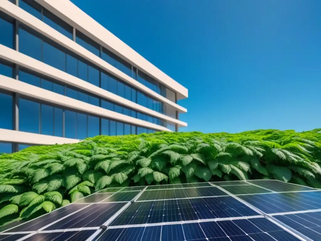 Edificio sostenible: inversión rentable y ecológica Un edificio sostenible cubierto de vegetación, con paneles solares, bajo un cielo azul