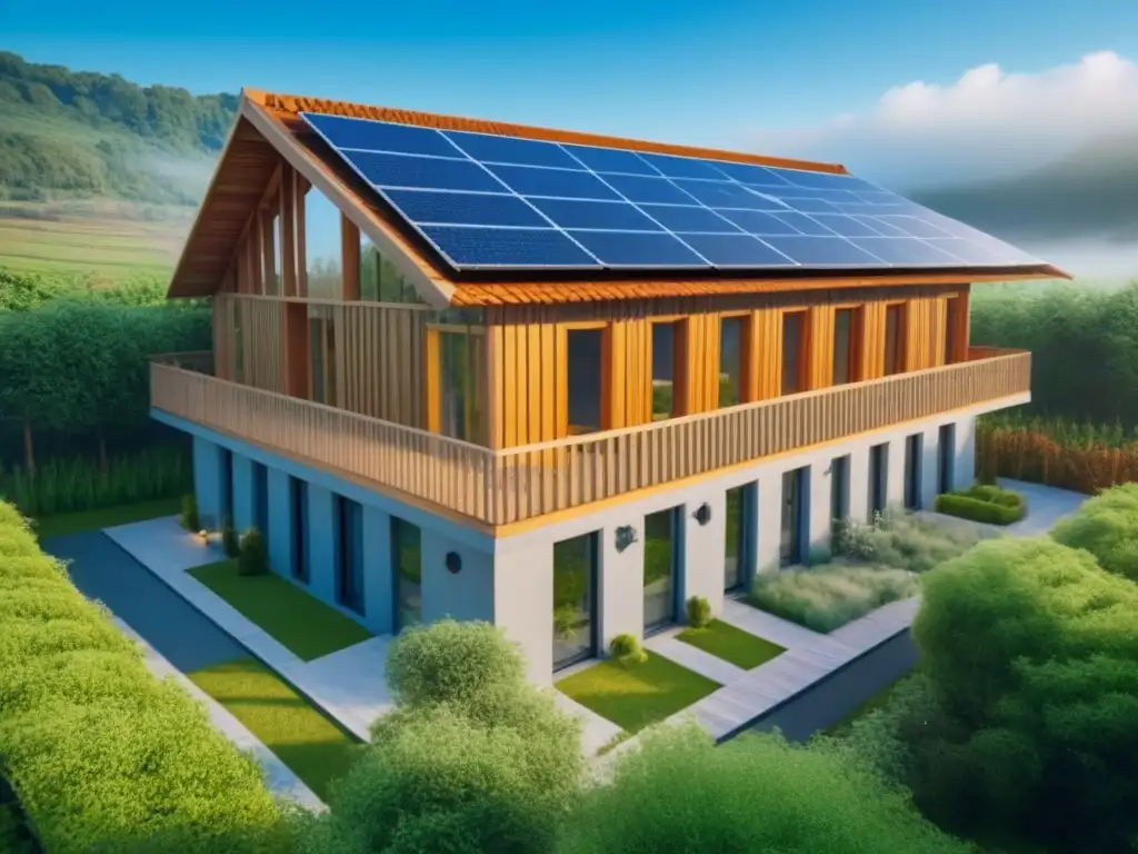 Construcción sostenible: detalle en madera, vegetación y energía solar Edificio sostenible con detalles de madera, paneles solares y sistema de recolección de agua de lluvia