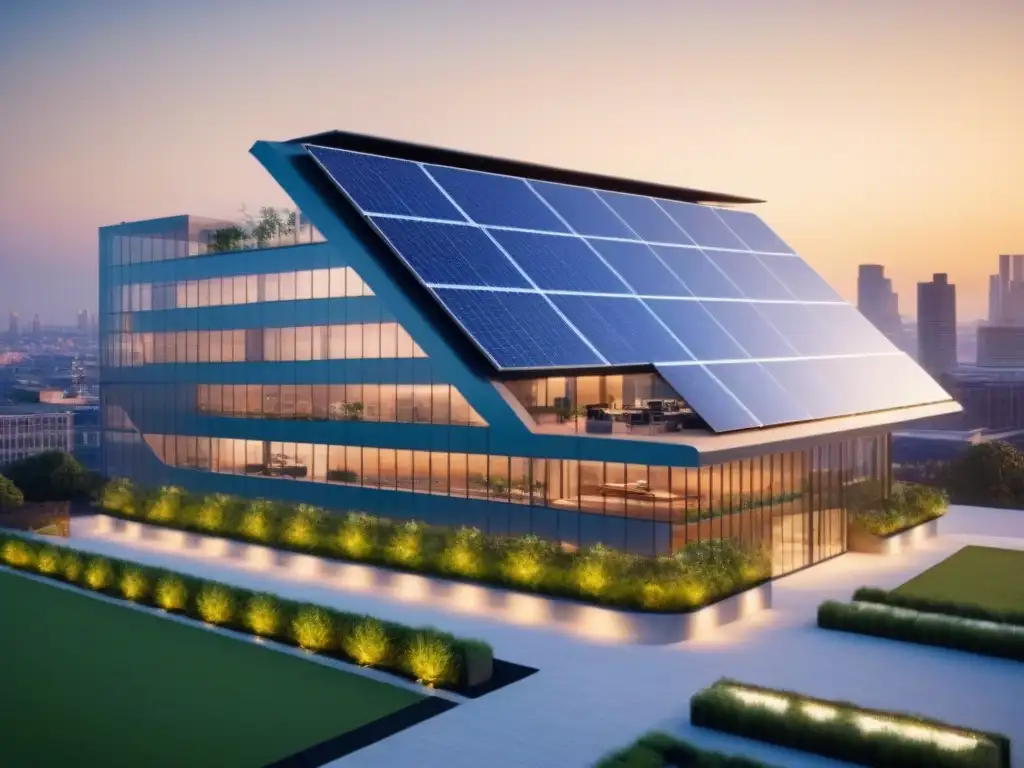 Edificio sostenible innovador en entorno urbano Un edificio sostenible con eficiencia energética en inversiones inmobiliarias, rodeado de modernos rascacielos y espacios verdes