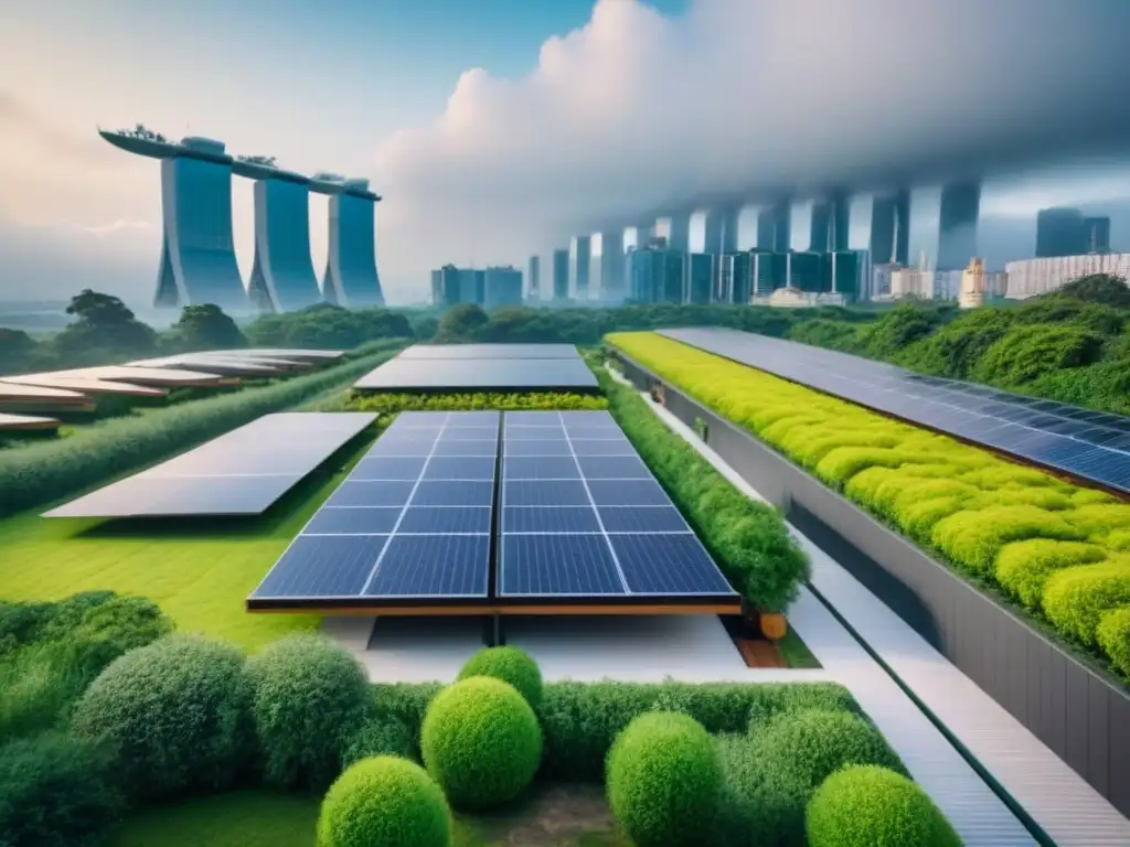 Edificio sostenible en ciudad: arquitectura moderna y verde Edificio sostenible con espacios verdes integrados, paneles solares y sistema de recolección de agua de lluvia, destaca en la ciudad