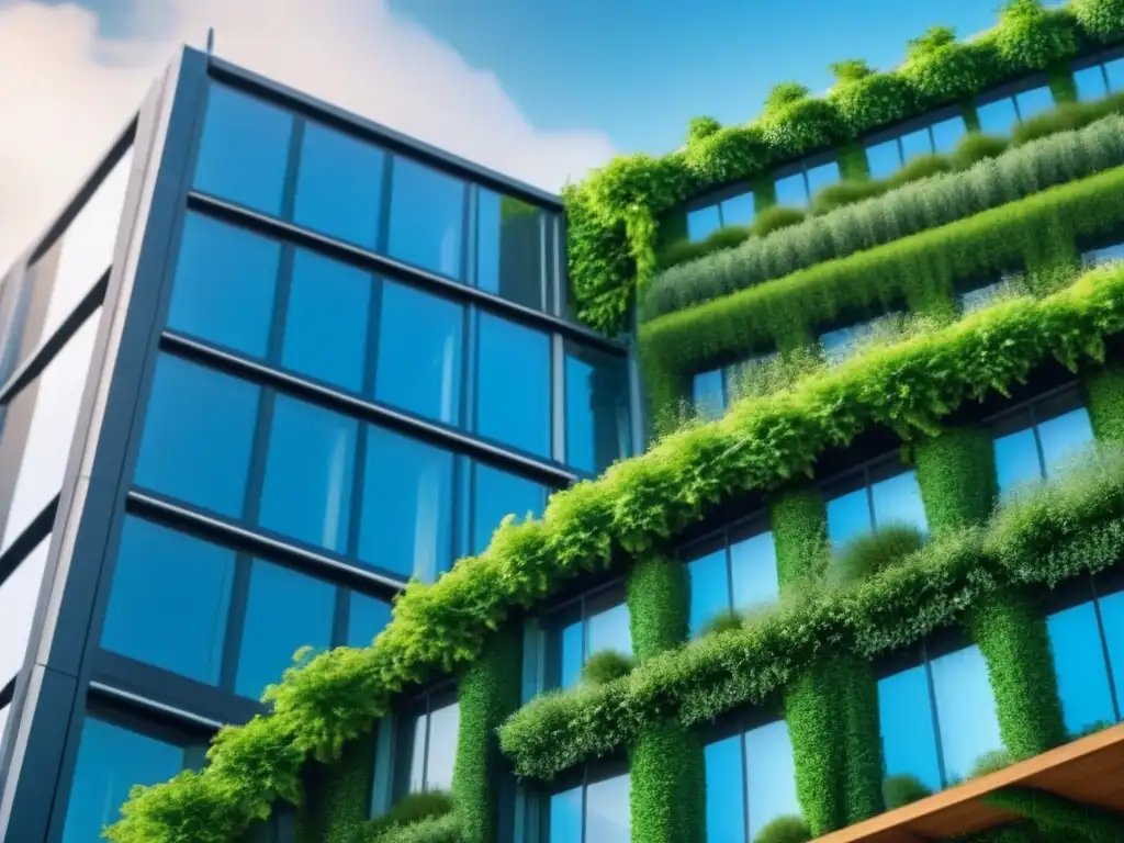 Edificio sostenible futurista integrado con la naturaleza Edificio sostenible fusionado con la naturaleza, energías renovables y diseño ecológico