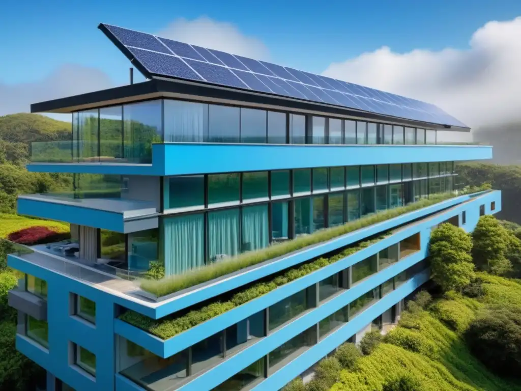Edificio sostenible del futuro: diseño innovador con energía solar Edificio sostenible futurista con paneles solares integrados, rodeado de vegetación y cielo azul