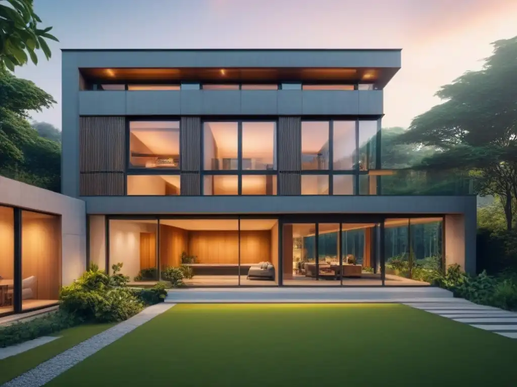 Edificio sostenible: diseño moderno con materiales locales Un edificio sostenible hecho con materiales locales, rodeado de naturaleza