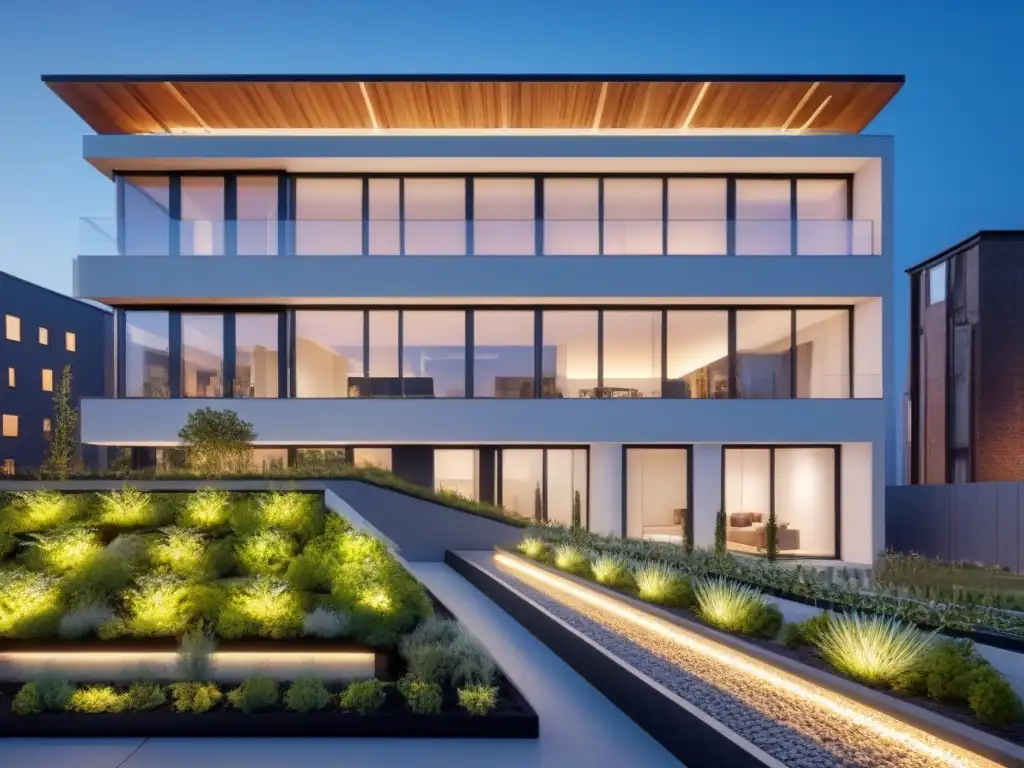 Arquitectura sostenible iluminada: eficiencia energética en construcción Edificio sostenible con iluminación eficiente y diseño moderno, destaca por sus luces LED y paneles solares