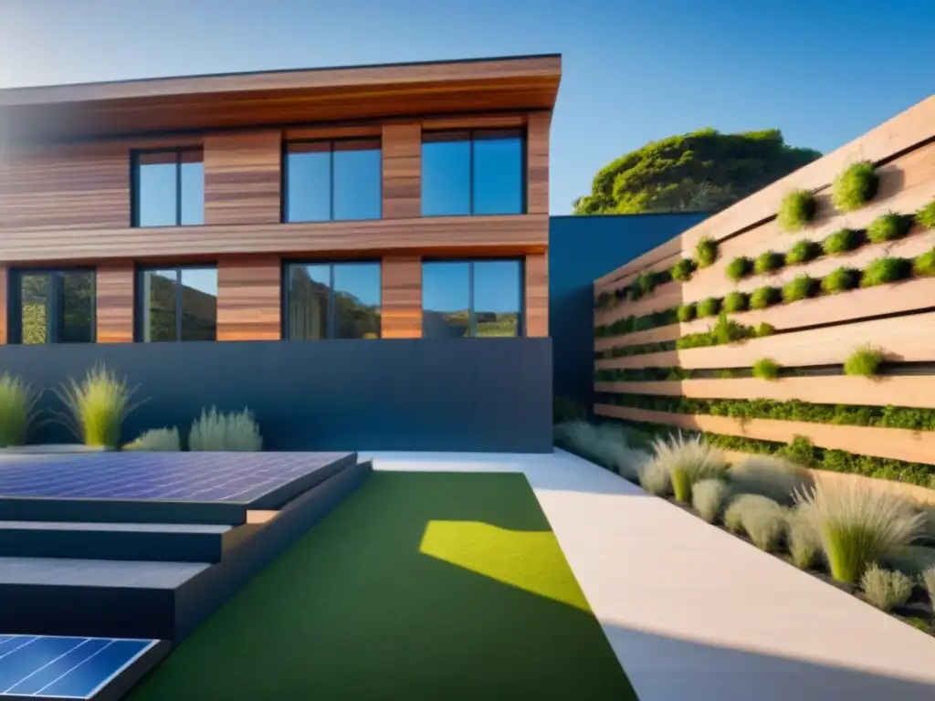 Edificio sostenible: belleza eco en armonía con la naturaleza Edificio sostenible integrado en paisaje natural, construido con adobe y madera recuperada, paneles solares y muro verde