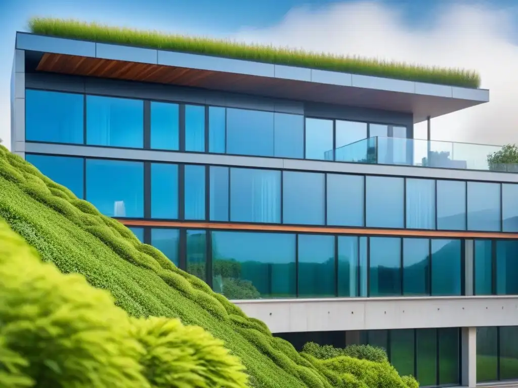 Edificio sustentable: diseño futurista en armonía con la naturaleza Un edificio sostenible moderno con características ecoamigables rodeado de vegetación exuberante y un cielo azul claro