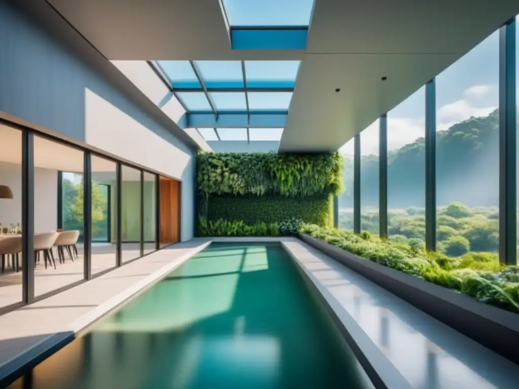 Edificio sostenible: diseño moderno con naturaleza y luz natural Edificio sostenible con ventilación natural y beneficios ecológicos, rodeado de vegetación exuberante