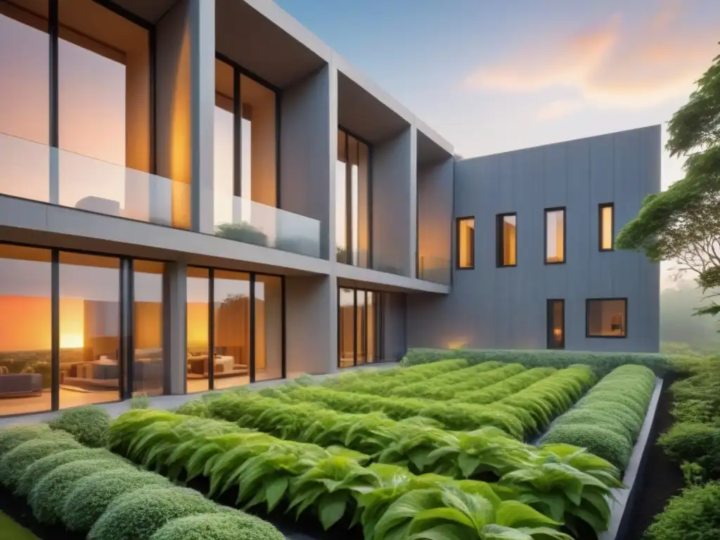Edificio sostenible bañado por la luz del atardecer Un edificio sostenible con ventilación natural para confort térmico, fusionando modernidad y naturaleza al atardecer